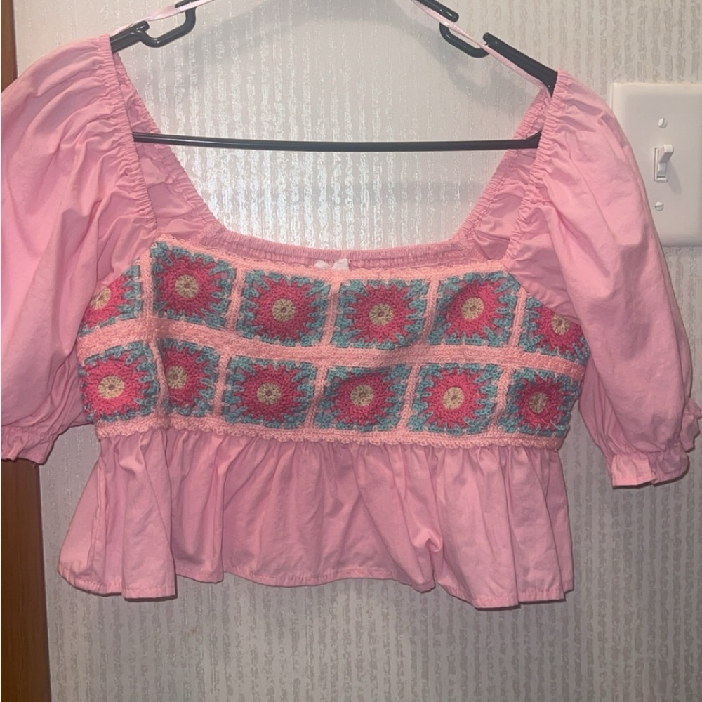 Pink floral crochet top
